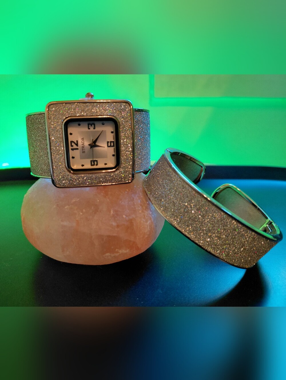 Strada Micro Silver Glitter Watch And Bracelet Set. New. Battery Works